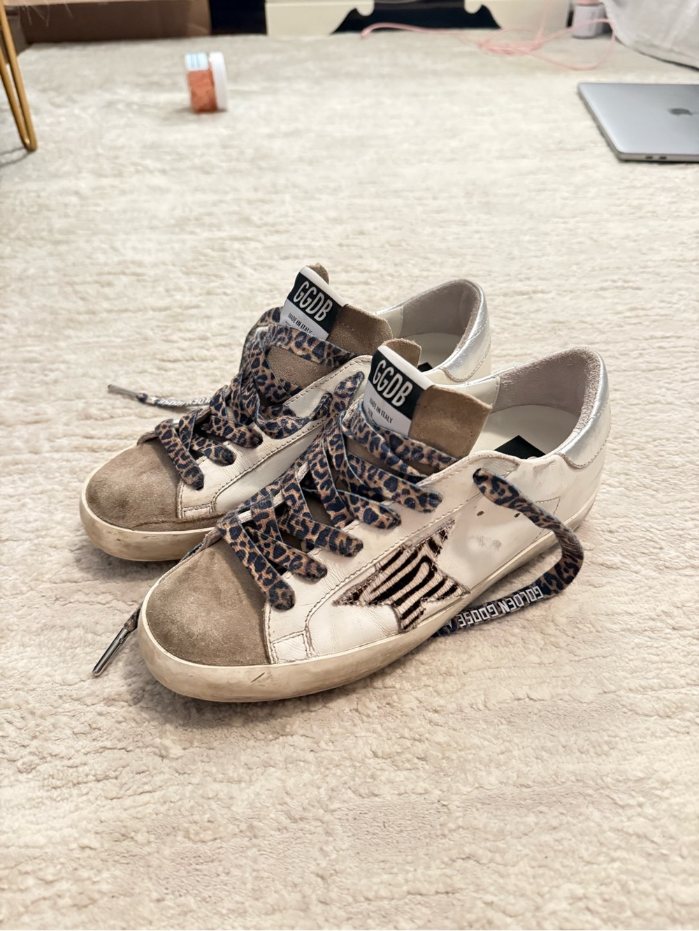 Golden Goose White Leather Sneakers with Leopard Laces and Beige Suede